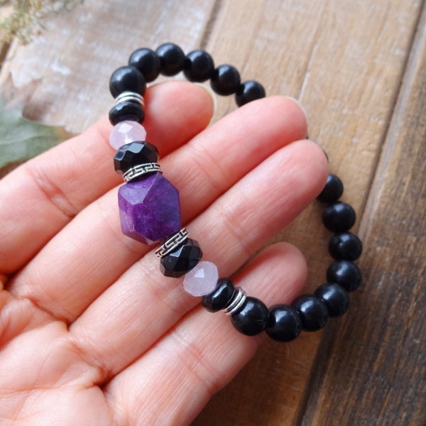 Multi stone bracelet - Jet, Purpurite, Rose Quartz, Agate / healing protection stretch Bracelet