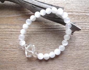 White Selenite & Clear Quartz Bracelet – Natural Crystal Stretch Bracelet, Crown Chakra Jewelry, Meditation and Spiritual Gift