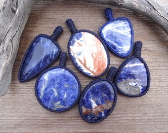 Large Blue Sodalite macrame pendant - gemstone necklaces - handmade macrame jewelry gift