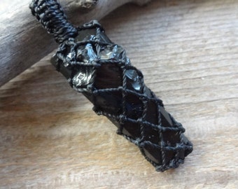 Black Tourmaline and Obsidian Arrowhead necklace, grounding stone macrame pendant, protection amulet, Mens gift, black crystal jewelry