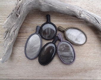 Silver Obsidian macrame necklace, gray stone macrame pendant, jewelry for Men, coworker gift, Obsidian pendant necklace, Obsidian jewelry