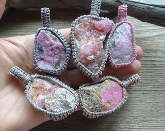 Pink Cobalto Calcite necklace, rough druzy geode pendant, raw stone jewelry