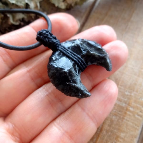 Black Obsidian Crescent Moon Necklace, Grounding Protection Pendant for Men