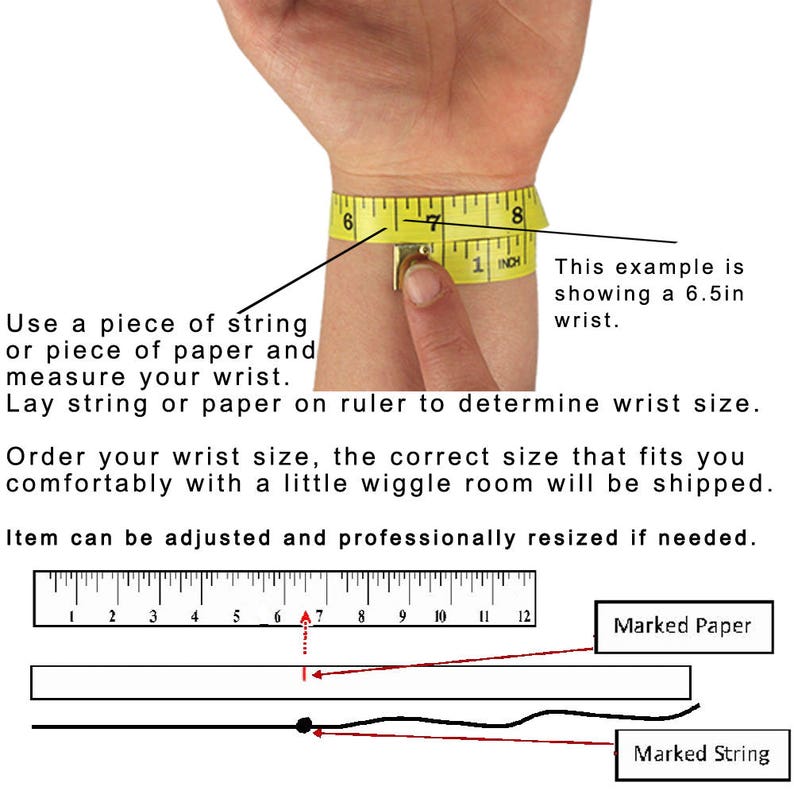 May include: Diagram showing how to measure your wrist for a bracelet using a piece of string or paper. The example shows a wrist measurement of 6.5 inches.