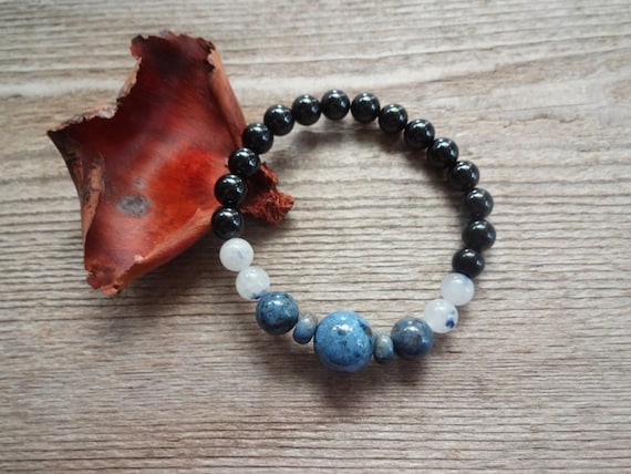 Dumortierite and Black Tourmaline bracelet, stretched beaded bracelet, blue black gemstones bracelet, rare stone bracelet, handmade jewelry
