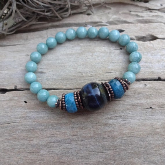 Blue gemstone bracelet with Aquamarine Apatite Tiger Eye / | Etsy
