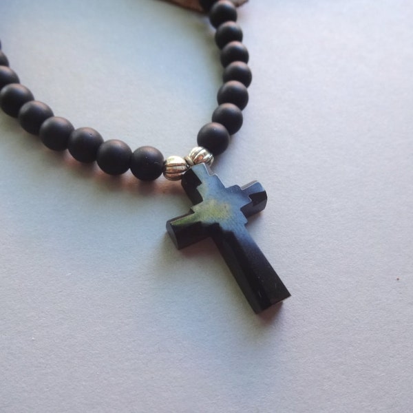 Black matte onyx carved black Jet Lignite Black Amber Christian Cross mens choker pendant necklace - Christ Cross Christian jewelry