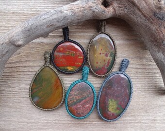 Large Bloodstone necklace, natural bloodstone pendant necklace, handmade necklace, macrame stone necklace, green stone necklace, spiritual