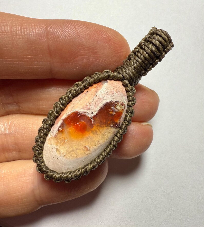 Mexican Fire Opal Macrame Pendant Necklace 4
