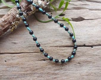 Black Tourmaline and Turquoise protection necklace, Turquoise choker, gemstone necklace, beaded choker, mens choker gift, gemstone necklace