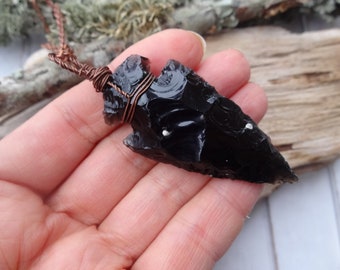 Large Black Obsidian Arrowhead Necklace, Tribal jewelry Dragon Glass amulet