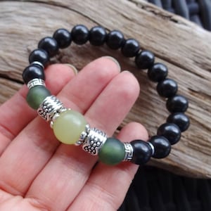 Pulsera de turmalina negra y jade verde, regalo de piedras curativas, pulsera de cuentas curativas de piedras preciosas, pulsera elástica