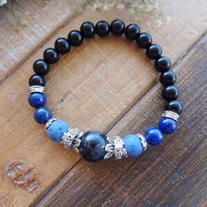 Gabbro, Black Tourmaline, Dumortierite and Lapis Lazuli Bracelet, protection Healing Bracelets, gemstone stretch bracelets, gift idea