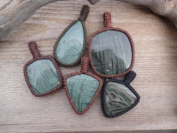 Rare Tinguaite macrame pendant, green natural gemstone pendants, energy stones, Russian stones, Heart Chakra necklace, macrame necklace