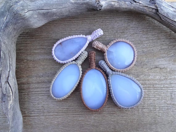Blue Chalcedony Necklace, Blue Stone macrame pendant, Chalcedony Pendant necklace, Stress Relief stone necklace, Macrame Necklace for Women