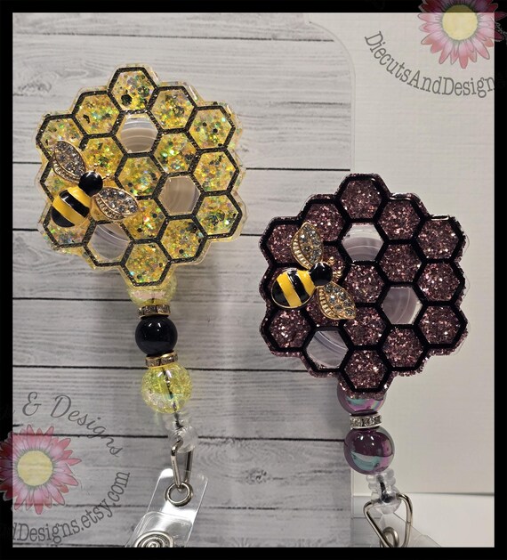 Honeycomb Bee Badge Reel: Rhinestone Charm, Swivel Alligator Clip
