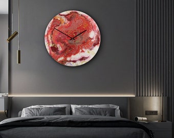 Extra Large Wall Clock Red Glass Wall Art, Unique Modern Home Decor Glass Resin Wall Clock with Lights, Circular Wall Art Red Clock Large