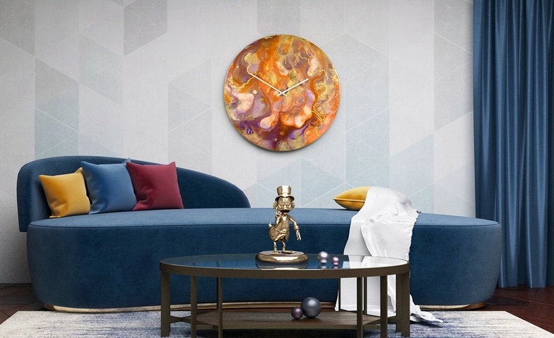 Orange and Gold Wall Clock with Lighting, Extra Large Clock for Wall with Lights, Glass Wall Art Circular Wall Art Abstract Painting image 1