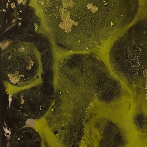 Op de afbeelding: Een klok met gouden wijzers tegen een abstracte groene en zwarte achtergrond. De achtergrond heeft een marmer effect met gouden vlekken.