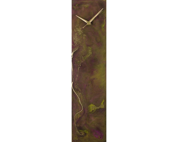 Purple and Gold Clock Abstract Glass Wall Clock, Dark Mauve Home Decor Modern Bedroom Wall Decor, Unique Housewarming Gift for New Home