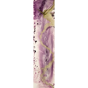 May include: A vertical wall clock with a purple and gold abstract design. The clock has a gold-colored face and hands.