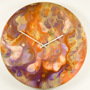 Orange and Gold Wall Clock with Lighting, Extra Large Clock for Wall with Lights, Glass Wall Art Circular Wall Art Abstract Painting image 2