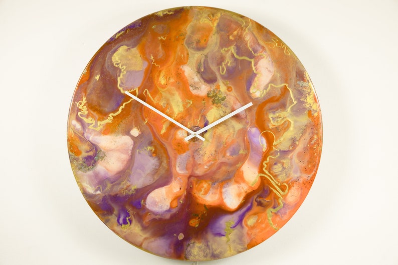 Orange and Gold Wall Clock with Lighting, Extra Large Clock for Wall with Lights, Glass Wall Art Circular Wall Art Abstract Painting image 2