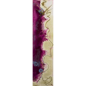 May include: A tall, vertical clock with a white and purple abstract design. The clock face is in the centre of the design and has gold hands.