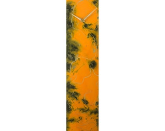 Horloge moderne orange et or pour mur, cadeau de fête des pères pour lui, cadeau d’art mural en verre inhabituel pour papa, horloge murale unique horloge de bureau abstraite