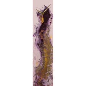May include: Abstract wall clock with a purple and gold design. The clock face is hidden behind the abstract design.