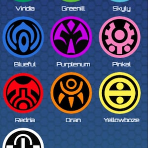 Könnte beinhalten: Eine Sammlung von elf kreisförmigen Grafikdesigns, jedes mit einem einzigartigen Symbol und Farbschema. Die Designs sind vor einem blauen Hintergrund angeordnet und enthalten Textbeschriftungen wie "Viridia", "Greenill" und "Skyly".