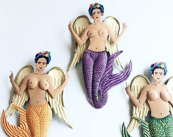 Mexican tin art Frida Kahlo mermaid angel peace wall hanging