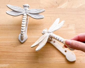 Cast iron Dragonfly door knocker wall hanging / dragon fly hook - white wash painted