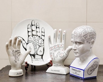 Phrenology head, palmistry hand statue, plate, bust, human mind statue, hand statue