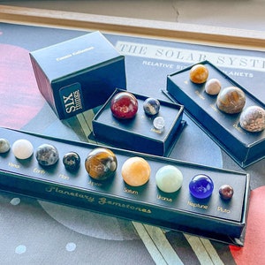 May include: A set of planetary gemstones in a black box with the names of the planets printed on the box. The gemstones are arranged in order from Mercury to Pluto. The box is labelled "Planetary Gemstones".