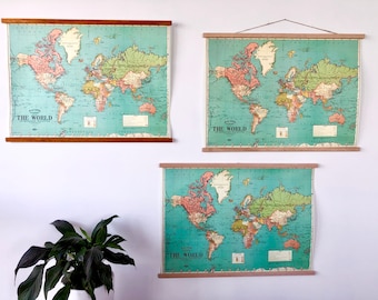 Vintage world map chart poster print hanging chart / pull down style wall map 20x28" / 52x72cm