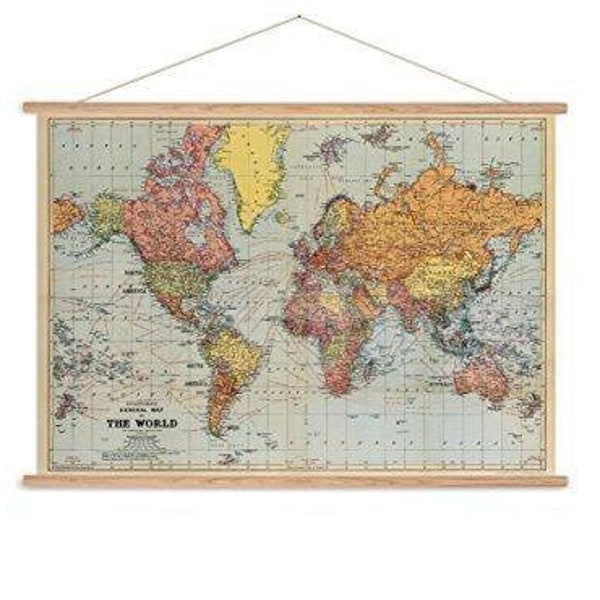 Stanfords vintage map chart poster print & optional oak hanger - vintage world map chart - antique map - antique world chart