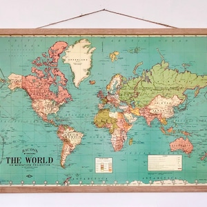 Vintage world map chart poster print hanging chart / pull down style wall map 20x28" / 52x72cm