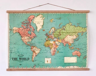 Vintage world map chart poster print hanging chart / pull down style wall map 20x28" / 52x72cm