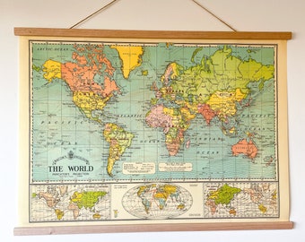 School vintage map chart poster print / optional oak hanger - vintage world map chart - antique map - antique world chart