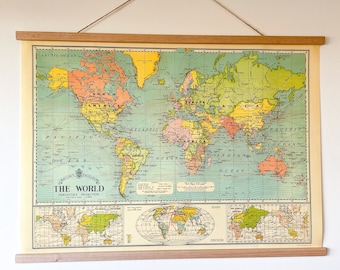 School vintage map chart poster print / optional oak hanger - vintage world map chart - antique map - antique world chart