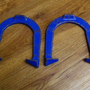 Ted Allen Horseshoes Boulder Colorado Allan Pitching Horse Shoes 1950's 1960's Blue Paint Hand Made Forged Lawn Game Ringer Vintage VGUC