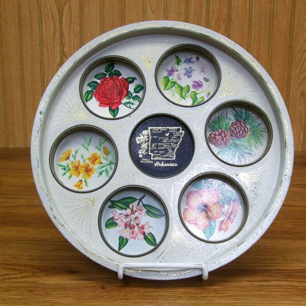 Arkansas Apple Blossoms Souvenir Muffin Style Tin Plate Rose Violet Pine Cones Michigan Lily Apple Blossoms Sundrop Flowers 11 in Diameter