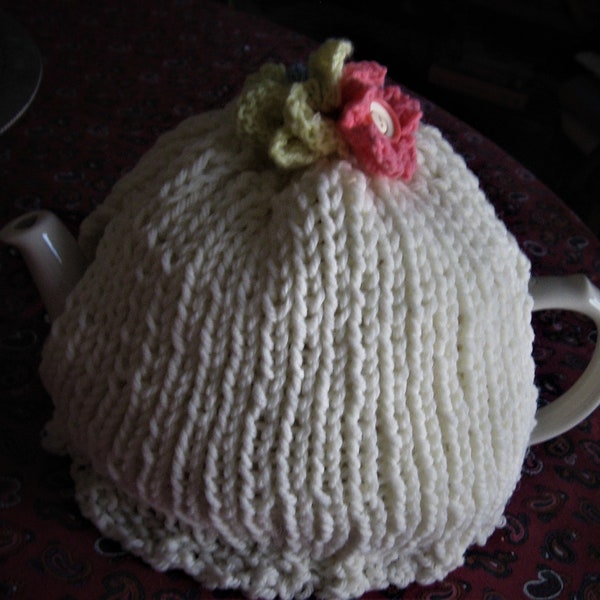 Tea Cozy Handmade  Knit Ribbed with Handmade Knit Flowers