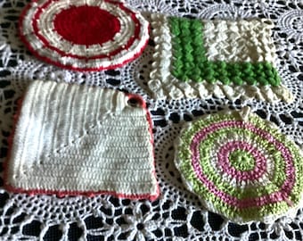 Crocheted Vintage Pot Holders- Two Round and Two square