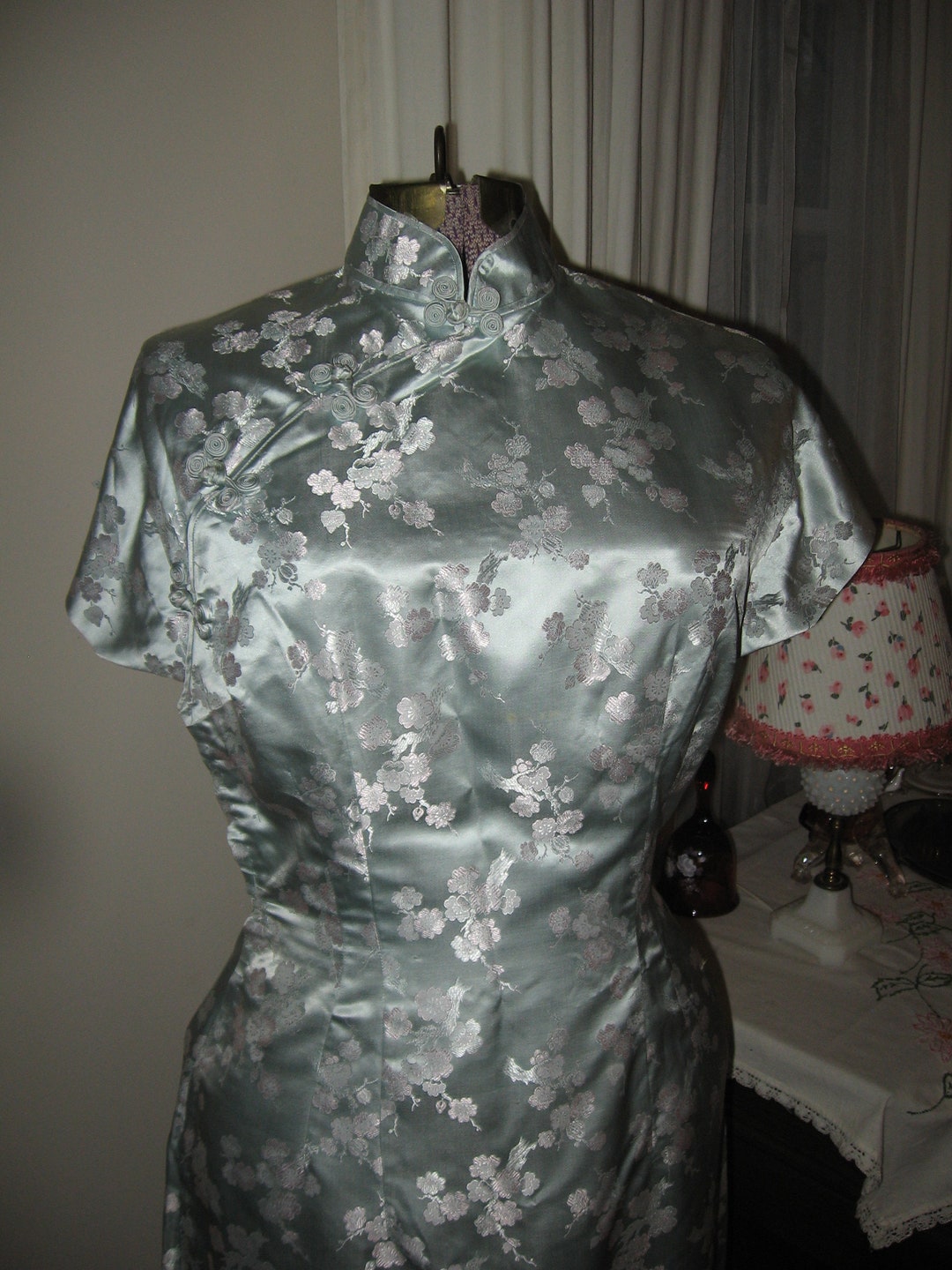 Oriental Style Dress Pale Blue Satin With Floral Design - Etsy