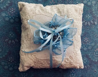 Wedding Ring Bearer Pillow with Ribbons and Jewelry