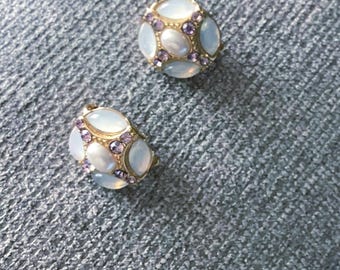 Gold Tone Vintage Clip on Earrings featuring White Cabochon Stones , Purple Rhinestones