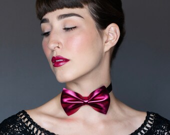 Wine Metallic Faux Leather Bow Tie and Hair Bow, Berry Leather Bow Tie Hair Bow