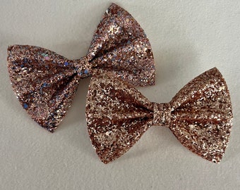 Rose Gold Glitter Bow Tie, Iridescent Rose Gold Glitter Hair Bow, Glitter Hair Bow